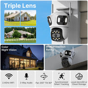 Cámara IP PTZ de tres lentes para exteriores, cámara de seguridad WiFi HD de tres pantallas con seguimiento automático, cámara CCTV inalámbrica de doble lente, iCsee