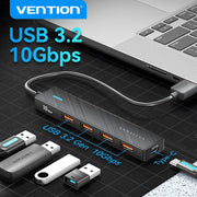 Concentrador USB Vention de 4 puertos ABS, USB 3.2 de 10 Gbps para portátil, adaptador divisor múltiple para accesorios de ordenador, Xiaomi y Macbook.