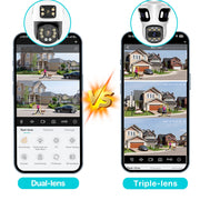Cámara IP PTZ de tres lentes para exteriores, cámara de seguridad WiFi HD de tres pantallas con seguimiento automático, cámara CCTV inalámbrica de doble lente, iCsee