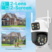 Cámara IP PTZ de tres lentes para exteriores, cámara de seguridad WiFi HD de tres pantallas con seguimiento automático, cámara CCTV inalámbrica de doble lente, iCsee