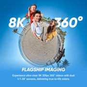 Insta360 X5: cámara de acción 360° 8K resistente al agua, líder en baja iluminación, efecto de palo de selfie invisible, lente resistente y reemplazable, batería de 3 horas, protector contra viento integrado, estabilización, diseño de triple chip IA
