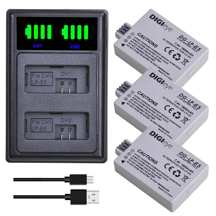 1800mAh LP-E5 LPE5 Akku/LED Typ-C Ladegerät für Canon EOS Rebel XS, Rebel T1i, Rebel XSi, 1000D, 500D, 450D, Kiss X3, X2, F