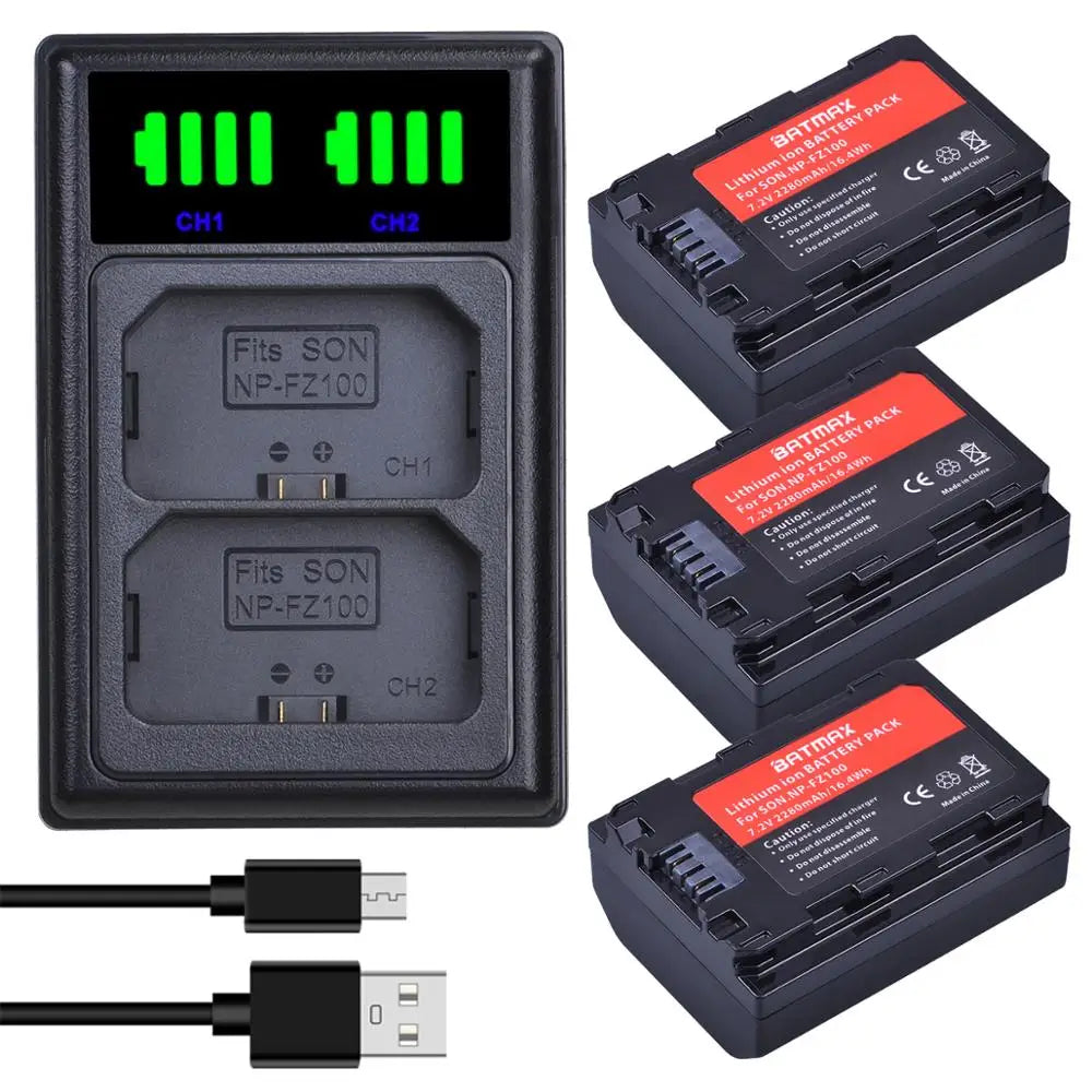 Batmax 2280mAh NP-FZ100 Battery+LED Dual Charger with Type C Port for Sony Alpha 9 A9R 9S A9S a7 iii A7R3 7RM3 a7m4  A6700 A6600