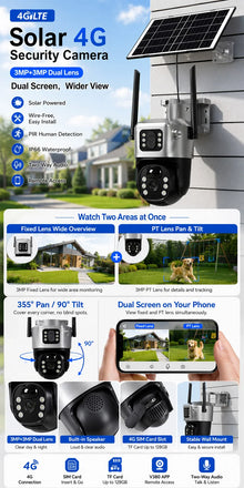 Solar 4G Security Camera 3MP+3MP Dual Lens PTZ IP66 Outdoor PIR Motion Detection V380 App No WiFi Wireless CCTV Camera Home Farm