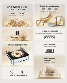 ACEMAGIC Ryzen 5 7430U Mini PC Windows 11 Pro 6C 12T Up to 4.3GHz 16GB LXDDR4 512GB SSD Radeon Vega 7 Graphics WiFi 6 BT5.2 4K T