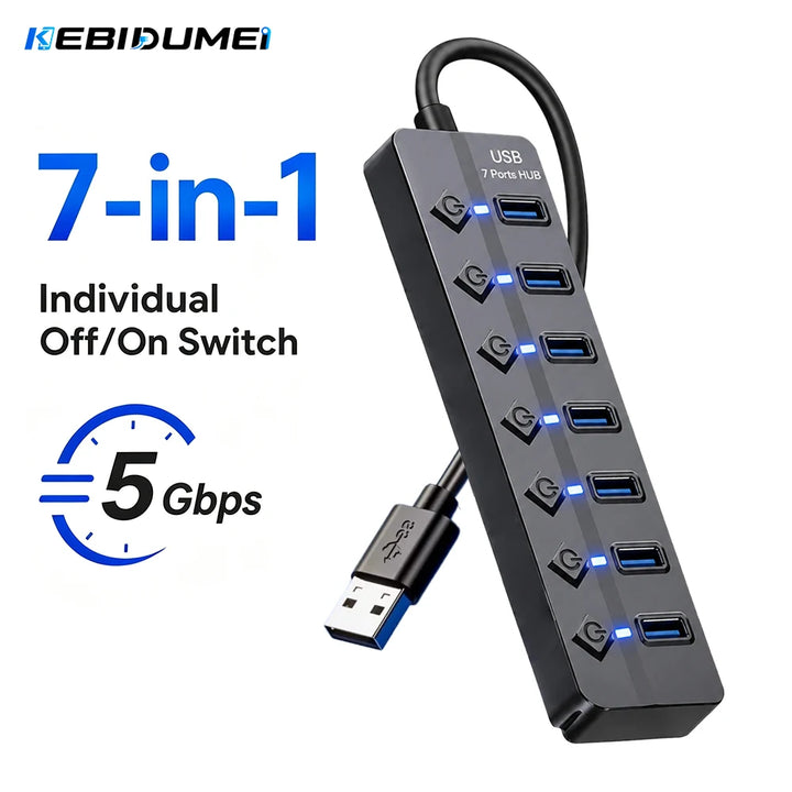 KEBIDUMEI USB 3.0 Hub with Individual On/Off Switches 4/7 Port Multi USB Splitter USB Hub 2.0 USB Expander Docking Stations
