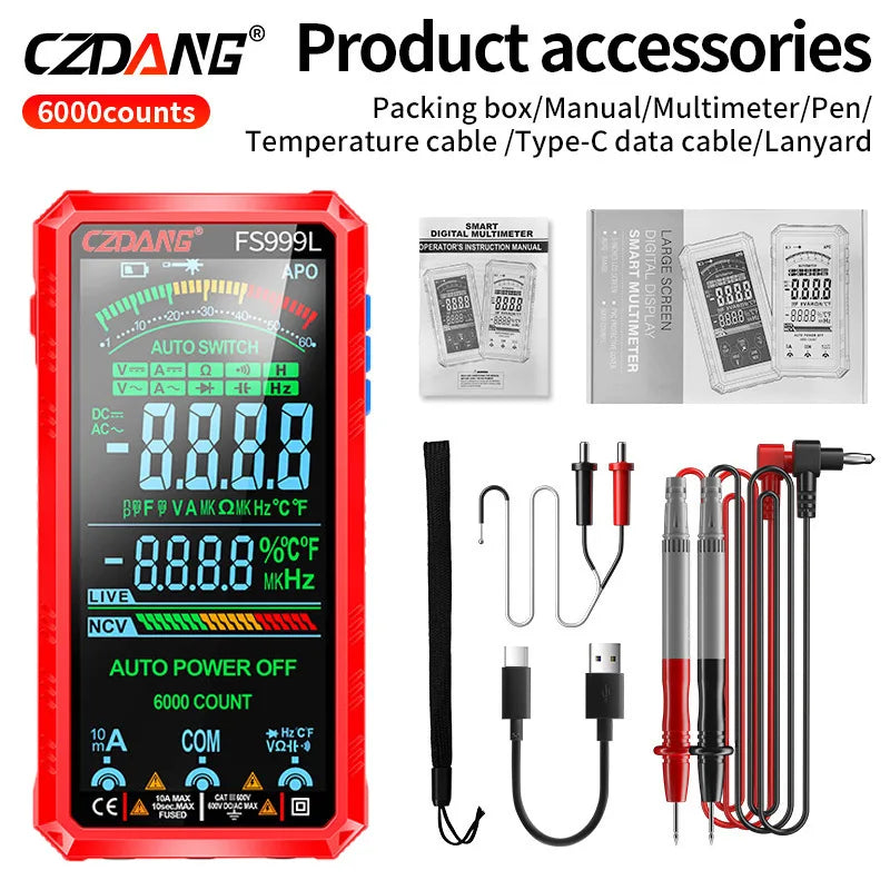 Digital Multimeter 5.0'' Full Screen Backlight NCV Live Line Smart Electrical Tester CZDANG FS999L