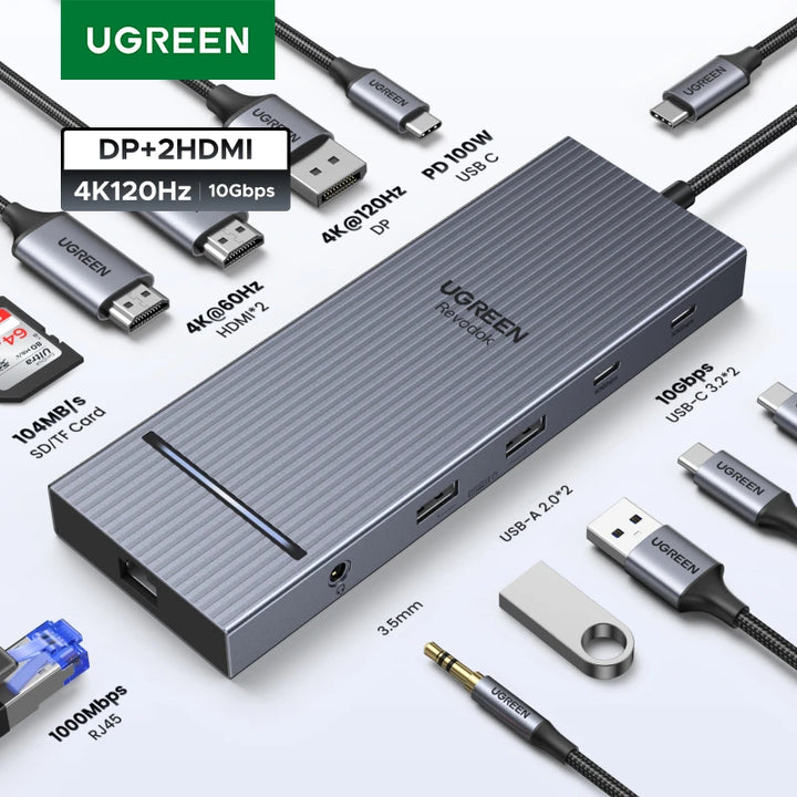UGREEN 12-in-1 USB HUB Type-C to 2HDMI 4K120Hz DP USB3.2 10Gbps SD/TF RJ45 PD100W for Windows Dell HP Laptop Accessories Docking