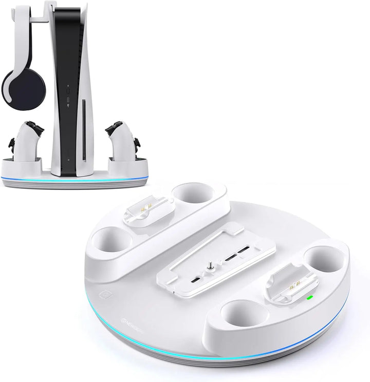 NEWDERY PS5/Slim/Pro Konsolenständer, einstellbarer RGB-Vertikalständer für PS5 Pro Slim Digital & Disc Konsole, Schnellladestation für Controller
