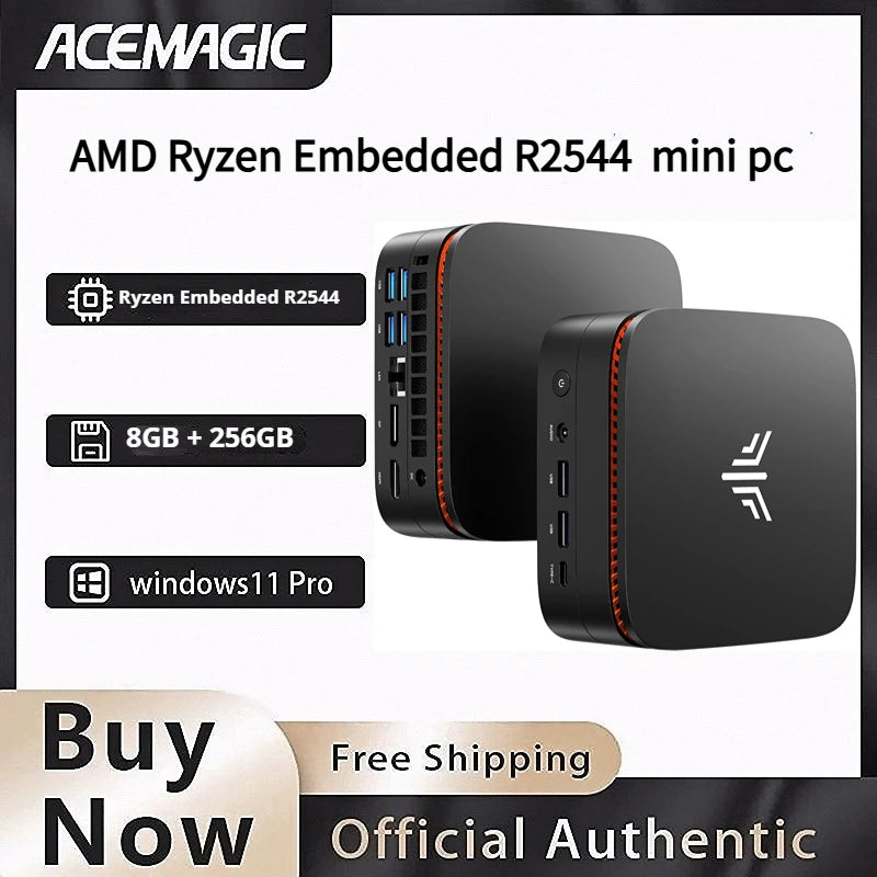 ACEMAGIC AMD Ryzen Embedded R2544 Mini PC 4C/8T 3.7GHz 8GB DDR4 256GB M.2 SSD Triple 4K Display Gigabit LAN Windows 11 Pro