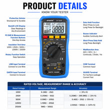 Insulation Resistance Tester 2500V 50GΩ, Digital Megohmmeter with PI/DAR, Auto-Ranging Voltmeter AC/DC Voltage Resistor Meter