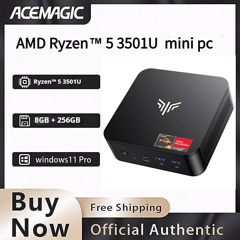 ACEMAGIC AMD Ryzen 5 3501U Mini PC 8GB DDR4 256GB SATA SSD Dual LAN Triple 4K Display WiFi 5 BT4.2 Compact Mini PC Triple 4K@60H