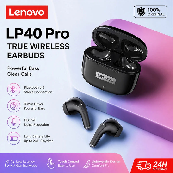 Auriculares inalámbricos Lenovo LP40 Pro Bluetooth 5.4 TWS HiFi estéreo, para juegos y deportes, con control táctil, llamadas HD y micrófono.