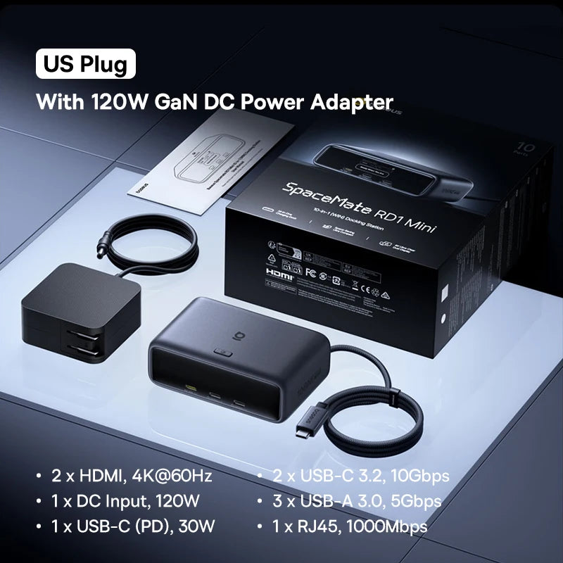 Baseus 10-in-1 USB C HUB Dual HDMI 4K@60Hz Smart Display Type C PD 100W Fast Charger RJ45 10Gbps USB 3.2 Adapter Docking Station