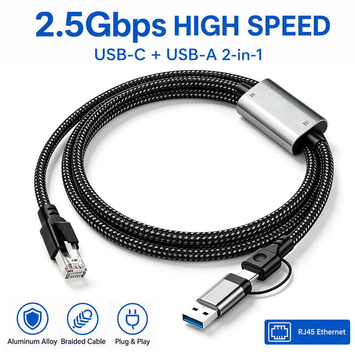 USB A Type‑C To RJ45 Ethernet Adapter 2.5G 1000Mbps Gigabit Wired Network Adapter 2500M USB 3.0 External Cable for Laptop PC