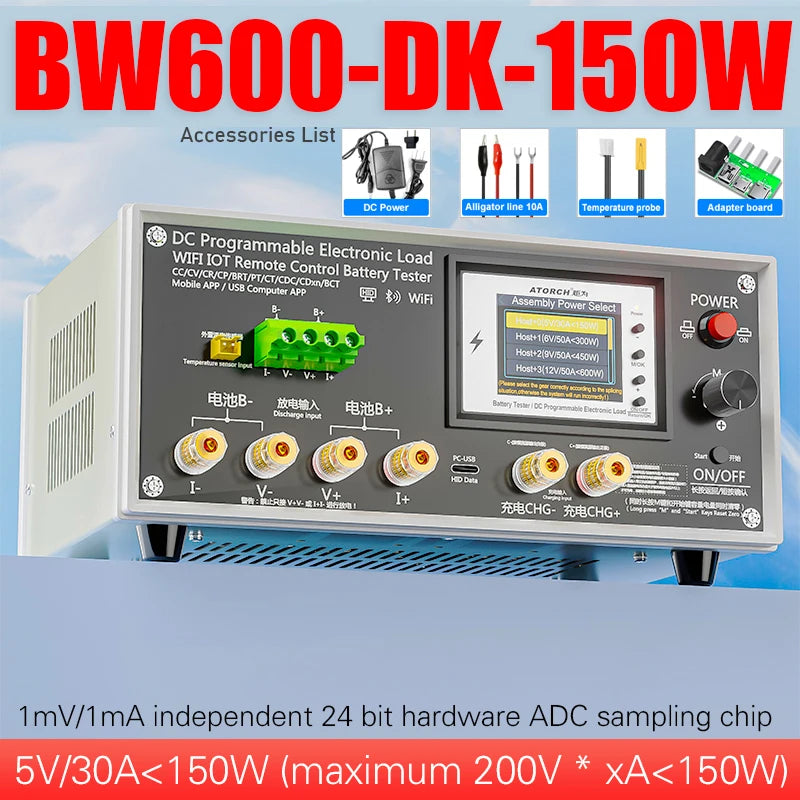 BW600-DK 200V 50A 18650 Lithium Lead-acid Battery Capacity Monitor Electronic Load Power Tester Discharge Meter Car Check Tools