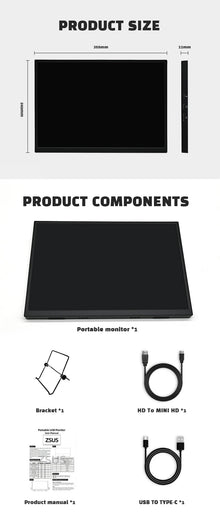 ZSUS  16" 2K Portable Monitor 100%sRGB 1600P IPS Screen Travel Gaming Computer Display for Steam Deck Laptop Switch PS4 PS5 Xbox