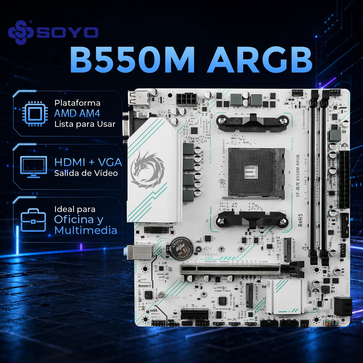 SOYO AMD Ryzen B550M ARGB DDR4 Motherboard AM4 Computer Combo Set Office Desktop PC Game PCIE4.0*16 M.2 NVME/MGFF SATA USB3.0 24PIN+8PIN USB2.0 HD/VGA Memory up to 64GB