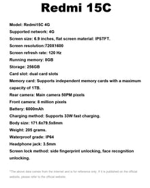 NEW Redmi15C International Version 8GB/256GB Expand 1TB SD Side Fingerprint 3.5mm Jack TÜV Low Blue Light Budget 4G Smartphone