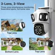 Cámara IP PTZ de tres lentes para exteriores, cámara de seguridad WiFi HD de tres pantallas con seguimiento automático, cámara CCTV inalámbrica de doble lente, iCsee