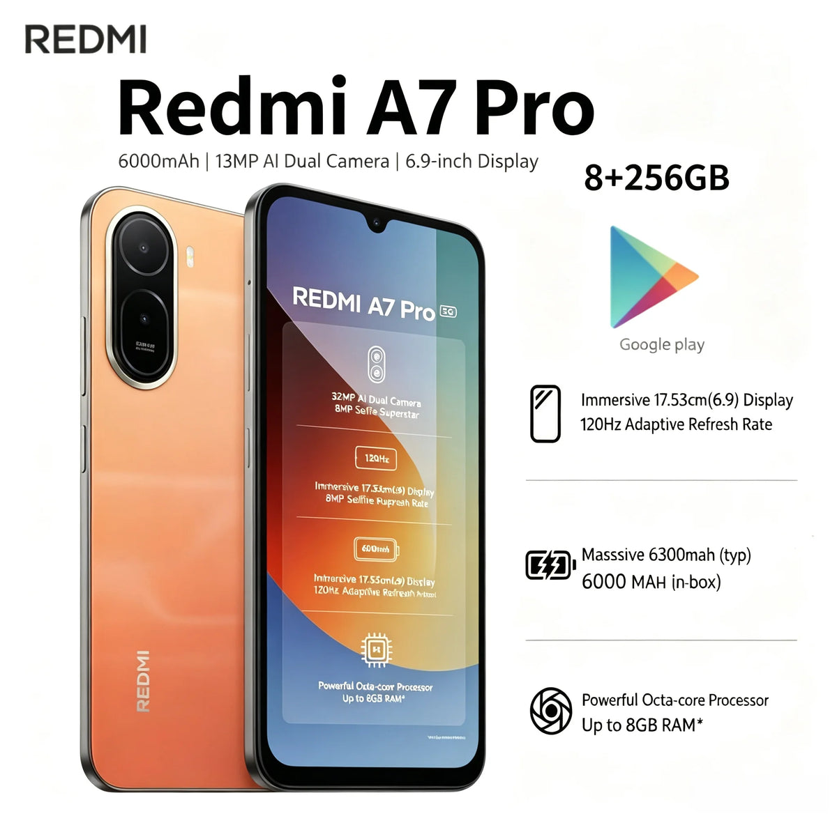 2026 New Official Authentic Product Redmi A7Pro 8 GB RAM 256 GB ROM 6.9' FHD+ Helio G85 Gaming Smartphone Dual 5G VoLTE 5000mAh