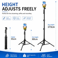 173cm Extendable Phone Tripod Stand, All-in-One Floor Selfie Stick for Live Streaming, Universal Mobile Holder, Stable Tri