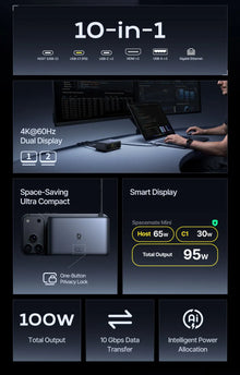 Baseus 10-in-1 USB C HUB Dual HDMI 4K@60Hz Smart Display Type C PD 100W Fast Charger RJ45 10Gbps USB 3.2 Adapter Docking Station