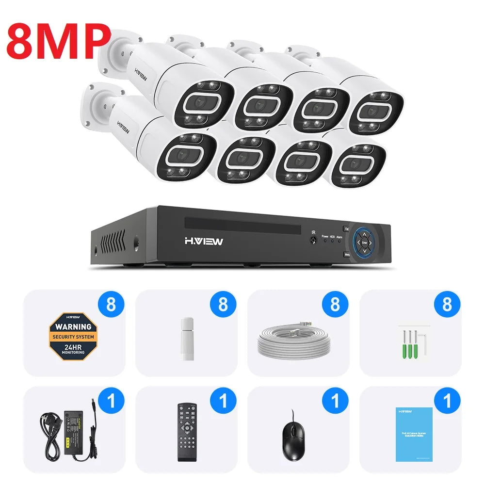 H.View 4K 5Mp 8Mp Poe CCTV Security Camera System Home Video Surveillance Kit 8Ch NVR Audio Outdoor IP Camera XMEYE App