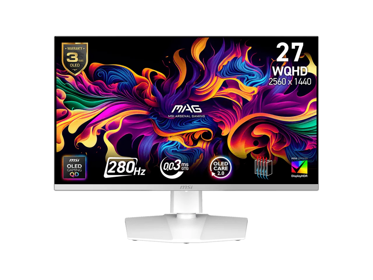 MSI 27" QHD 2K 1440P 280Hz with FreeSync Premium Pro & G-Sync Compatible 0.03ms HDR400 USB-C White OLED Gaming Computer Monitor with Height Adjustable, Swivel, Pivot & Tilt stand MAG272QPW QD-OLED X28