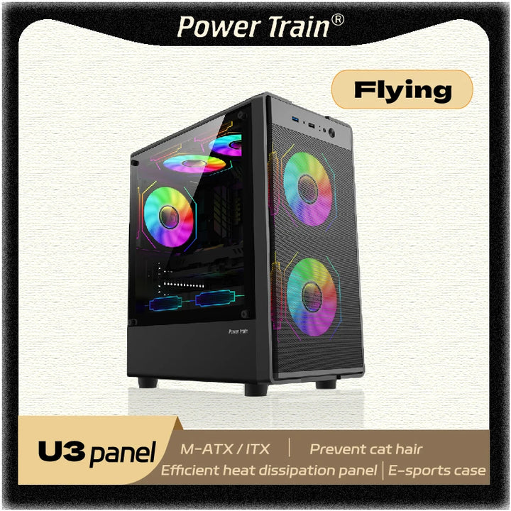 Power Train Flying PC Gaming Case MATX Side Transparent Glass Computer Case Iron Net Heat Dissipation U3 Interface E-Sports Case