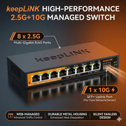 Switch gestionado web KeepLiNK de 9 puertos 2.5G | 8x 2.5GbE + 1x Uplink 10G SFP+ | Ethernet de red multigigabit con IGMP Snooping