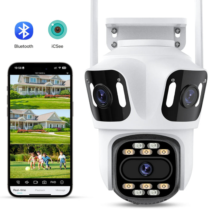 Cámara IP PTZ de tres lentes para exteriores, cámara de seguridad WiFi HD de tres pantallas con seguimiento automático, cámara CCTV inalámbrica de doble lente, iCsee
