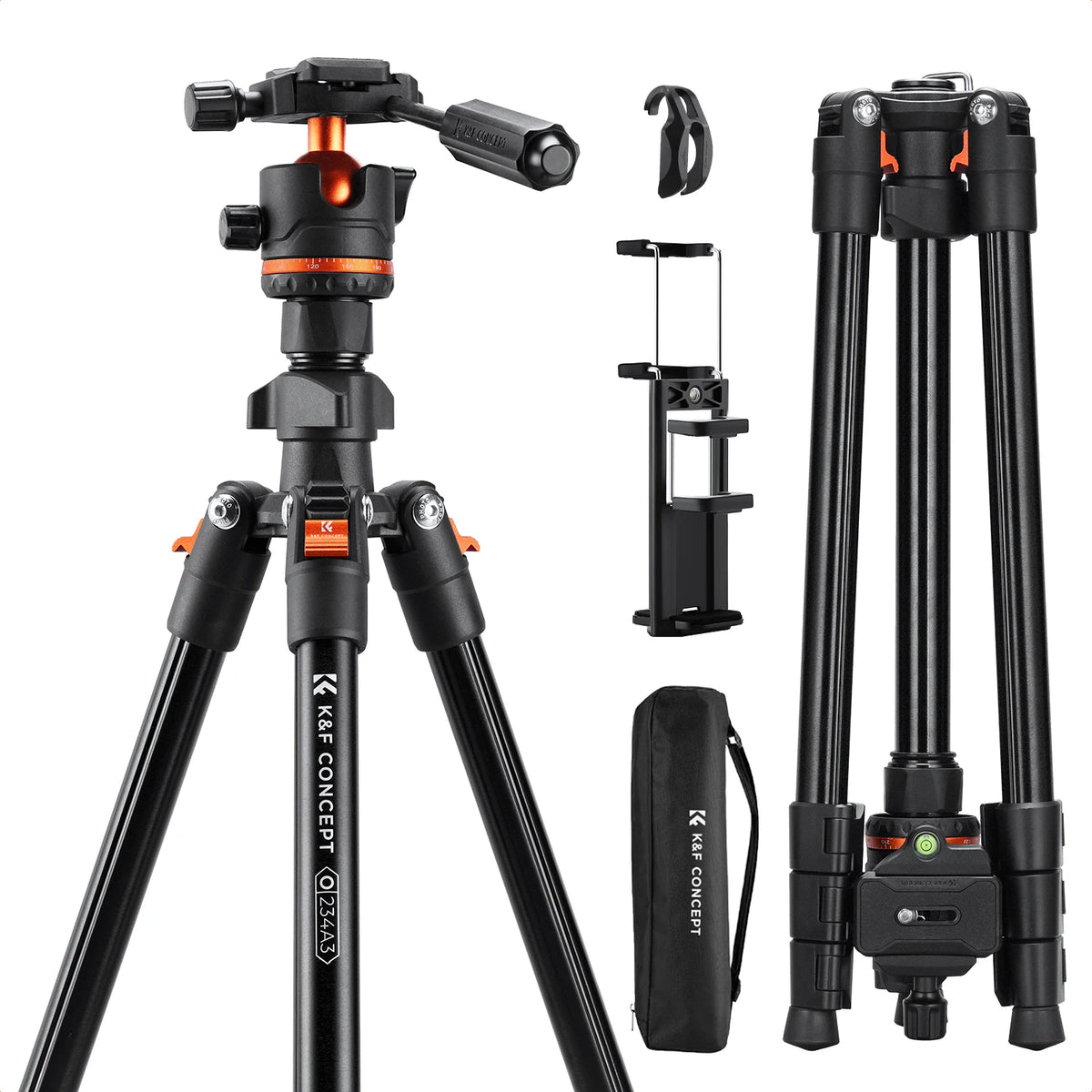 K&F CONCEPT 178cm Lightweight Camera Tripod Cellphone Clip Travel DSLR Tripod for Nikon Canon Camera Outdoor Live Streaming Vlog