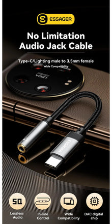 Adaptador de audio Essager de Lightning a jack de 3.5 mm, cable auxiliar para auriculares, adaptador de USB tipo C a 3.5 mm, OTG tipo C para iPhone, Xiaomi, OnePlus