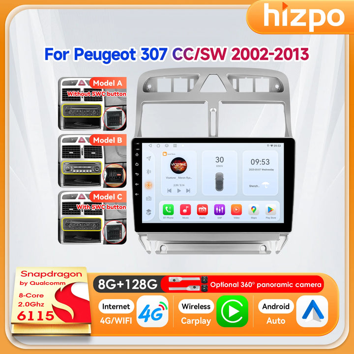 Hizpo 9" Wireless CarPlay for Apple Android Auto Car Radio For Peugeot 307 307CC 307SW 2002-2013 GPS Multimedia Stereo 6115 RDS