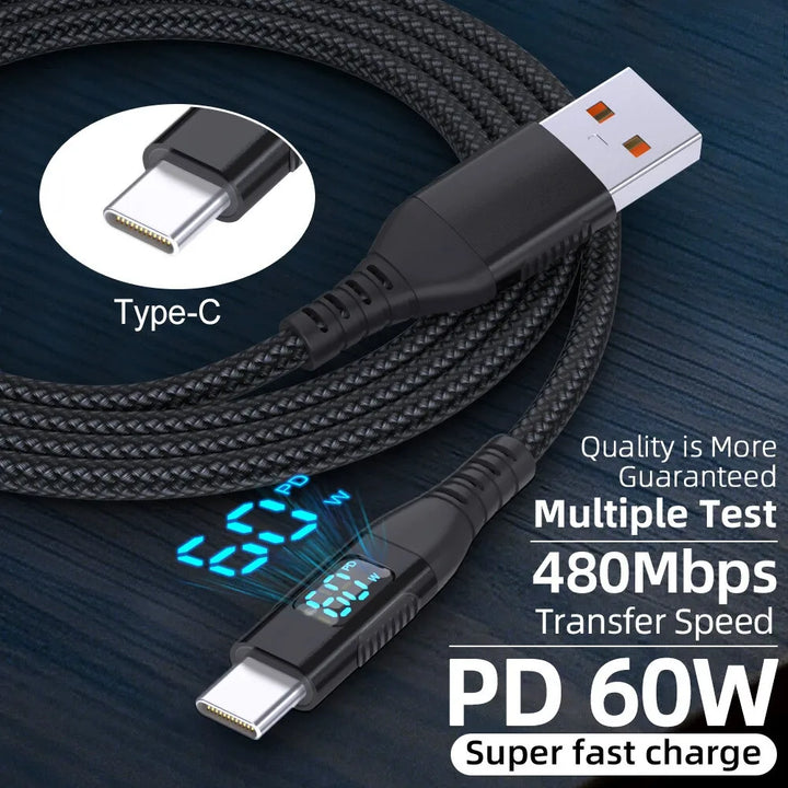 Cable cargador USB-A a USB-C con pantalla LED, cable de carga rápida PD Tipo C en tiempo real para iPhone 17, Samsung Galaxy S25+/S24