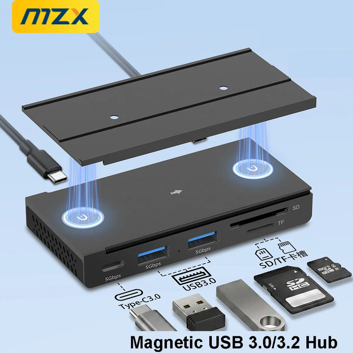 Estación de acoplamiento MZX magnética USB 5G/10G con lector de tarjetas SD/TF Micro, concentrador tipo C de aluminio, accesorios para PC y portátil