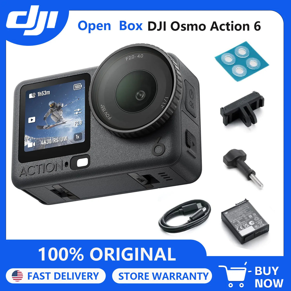 Open Box-DJI Osmo Action 6 Camera ,8K Waterproof Action Camera with 1/1.1" Square Sensor, Variable Aperture of f/2.0–f/4.0, Rocksteady 3.0, Cold-Resistant, 50GB Storage, Vlogging Camera