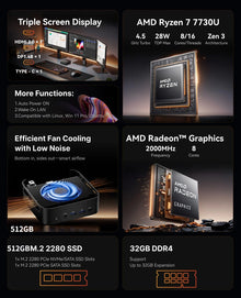 ACEMAGIC Mini PC AMD Ryzen 7 7730U 8C/16T up to 4.5GHz Windows 11 Pro 32GB DDR4 512GB NVMe SSD Triple 4K Display WiFi 6 BT5.2