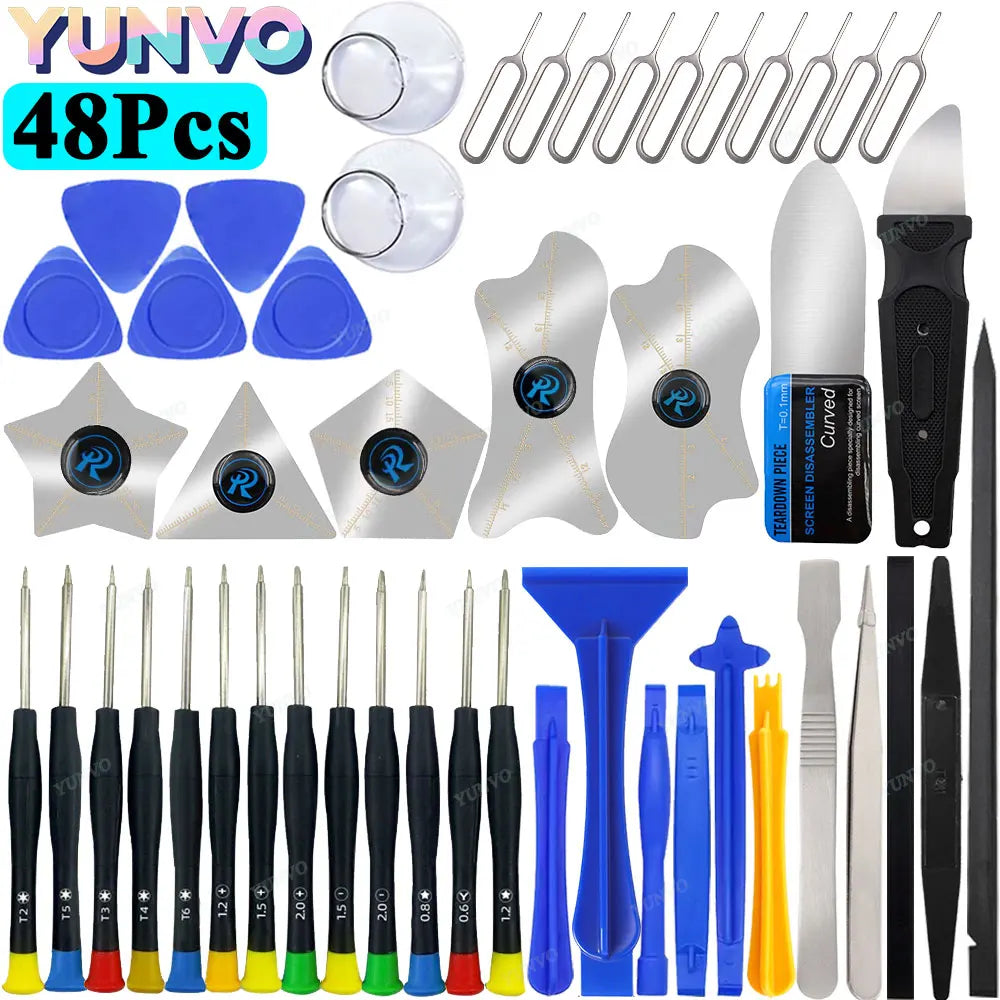 48Pcs Precision Screwdriver Repair Tool Kit, Metal Curved Screen Pry Spudger Opening Tools, SIM Eject Pin Pry Blade Tweezers