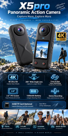 4K Panoramic Action Camera 200 Degree Wide Angle Dual Lens 2.0 IPS Portable Vlog Camera for Cycling Travel Outdoor Sports Camera