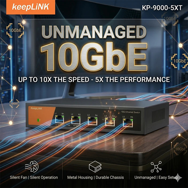 Switch no gestionado KeepLiNK de 5 puertos 10GbE | Hub de red de escritorio 10G con carcasa metálica y ventilador silencioso