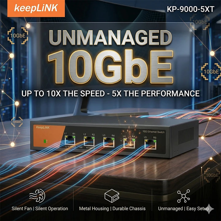KeepLiNK 5-Port 10GbE Unmanaged Switch | Metal Silent Fan 10G Desktop Network Hub
