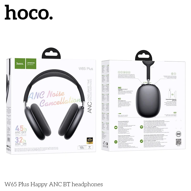 HOCO W65 Plus ANC Noise Reduction Bluetooth Headphones Over The Ear Wireless Big Earphone Hifi Sounds Sport Headsets With Button