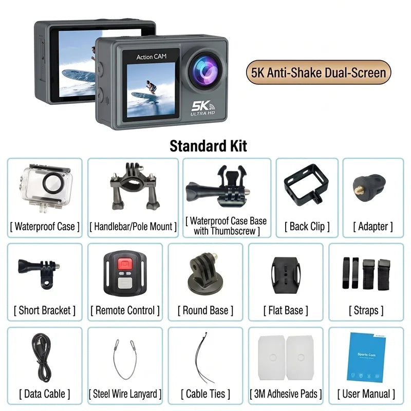 5K 4K Ultra HD Action Camera Dual Screen EIS Anti‑Shake Sports Cam 170° Wide Angle WiFi Remote 50MP Photo Outdoor Diving Cycling