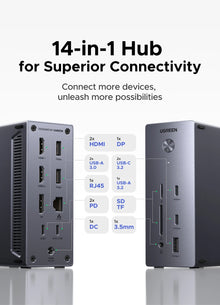 UGREEN 14-in-1 USB HUB Docking Station Type-C to 4K120Hz DP 4K60Hz 2xHDMI SD/TF RJ45 10Gbps USB-A/C PD Charging DC for Laptop PC
