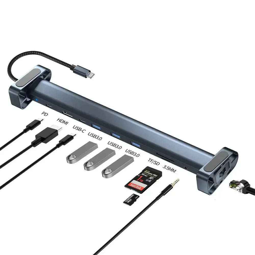 FC&EC Aluminum 4K HDTV 10 in 1 Type-C Hub PD 100W Charging USB 3.0 Data Transfer USB-C Docking Station Laptop Stand Base