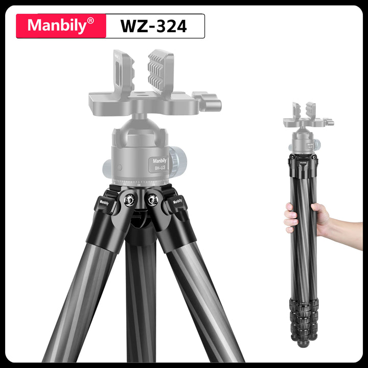 Manbily WZ-324 Carbon Fiber Tripod & 44mm Diameter Saddle Ball Head BH-U3,32mm Tube Hunting Set (* The Clamp Can't Be Removed)