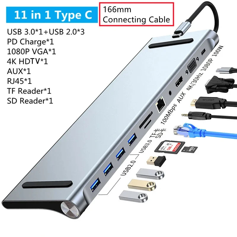 12in1 USBC Hub Multiport Docking Station Dual HDTV 100W PD SD TF Card Reader Audio 1080P VGA OTG Adapter for MacBook Dell Laptop