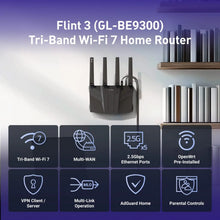 GL.iNet GL-BE9300 Flint 3 Tri-Band Wi-Fi 7 Router for Wireless Internet 5 x 2.5G VPN Router High Speed Gaming Long Range 6GHz Home Wirelss Router, 9 Gbps Wireless Speed for Smooth 8K Streaming, Low-latency Gaming Video Calls